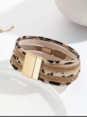 Gold-Tone Beige Leopard Multi-Strand Magnetic Bracelet